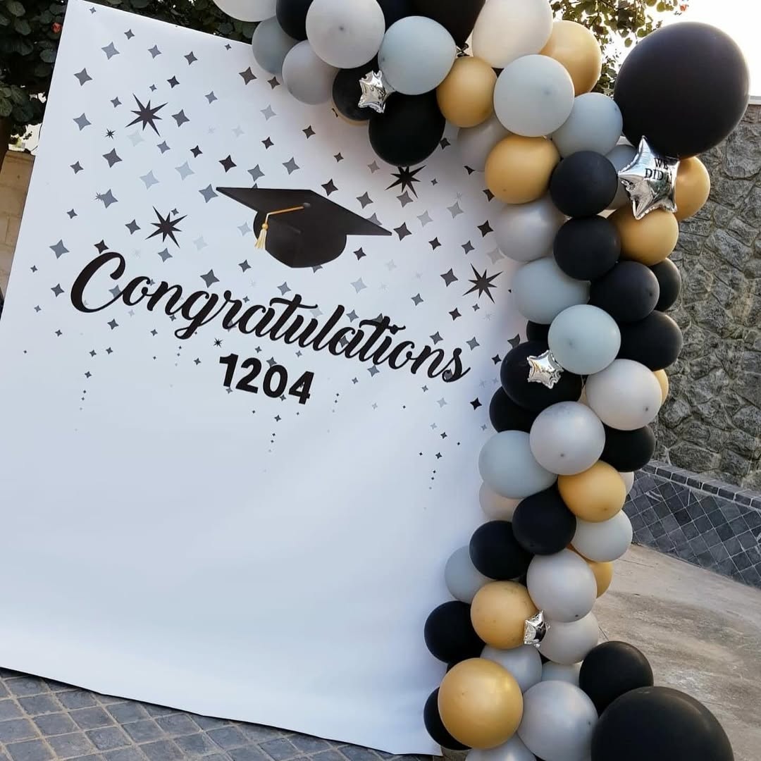 Graduation backdrop design 10 for hire in Nairobi — customisable balloon and floral installation